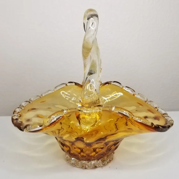 Murano Style Hand Blown Amber Glass Infused Gold Flake Loop Handle Basket - Picture 1 of 11